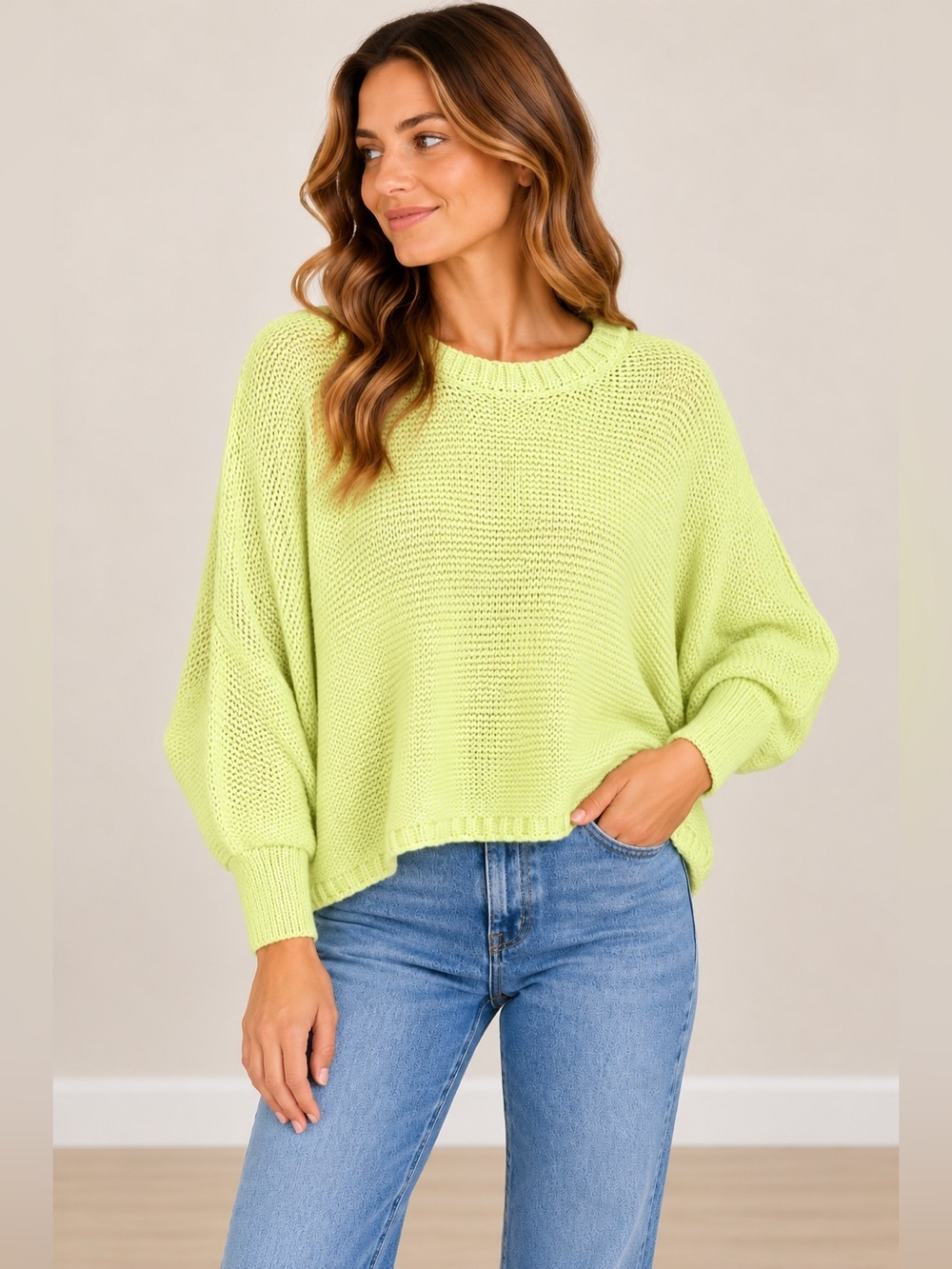 White Crow XL Lime Green Oversized Dolman Sleeve Chunky Knit Sweater